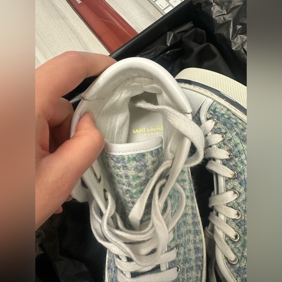 BNIB - Saint Laurent Bedford Tweed & Leather Turquoise Mid Top Sneakers - Size 7 - Picture 7 of 12